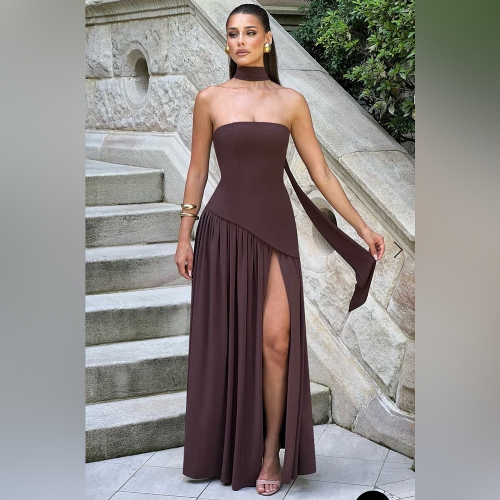 Brown Strapless Ruched Maxi Gown